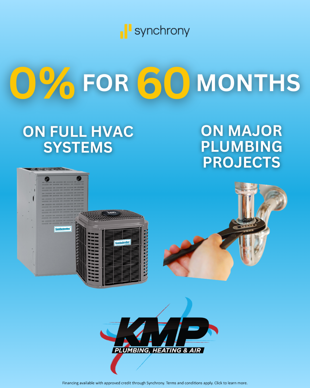 KMP Plumbing Heating and Air offers Financing Plans 0% FOR 60 Months